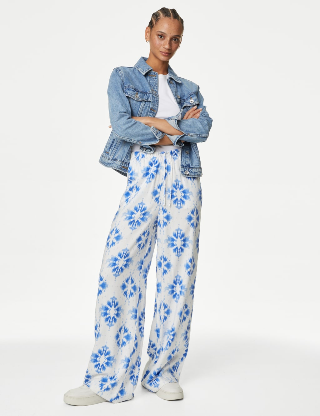 M&S Wide Leg Floral Elasticated Waisted Trousers Blue Mix