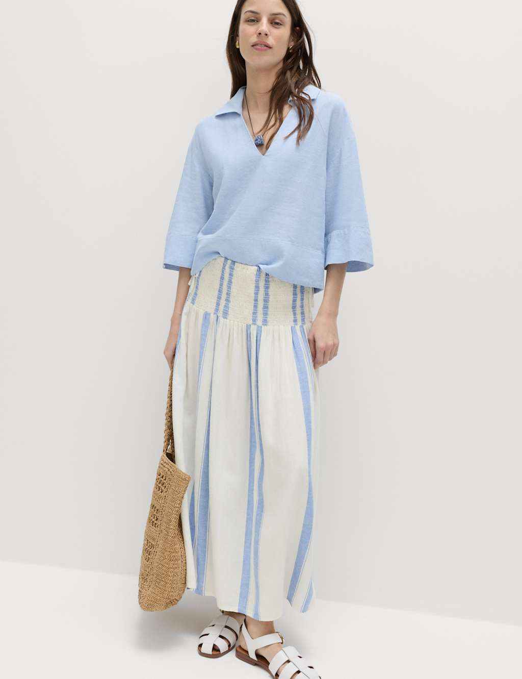 M&S Women's Linen Rich Shirred Tie Detail Maxi Skirt - 20 - Blue Mix