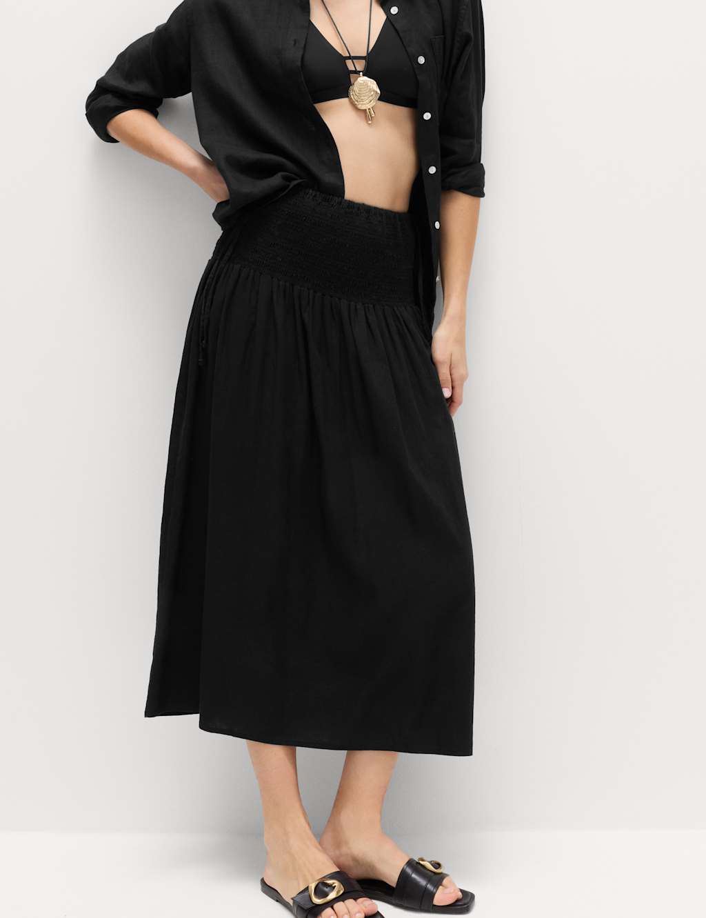 M&S Women's Linen Rich Shirred Tie Detail Maxi Skirt - 12 - Black