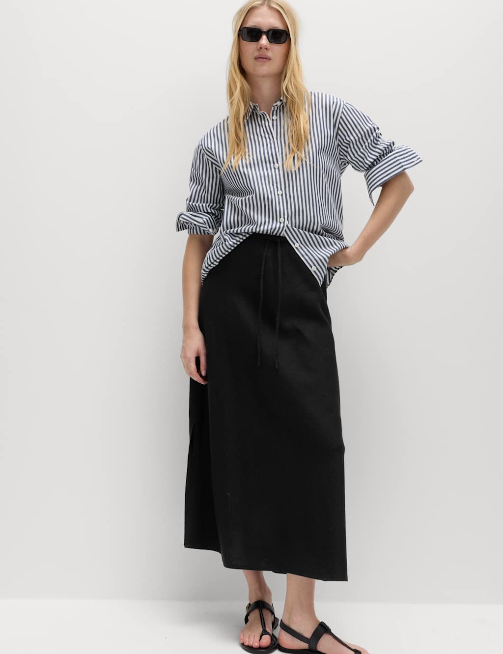 M&S Women's Linen Rich Maxi A-Line Skirt - 10 - Black