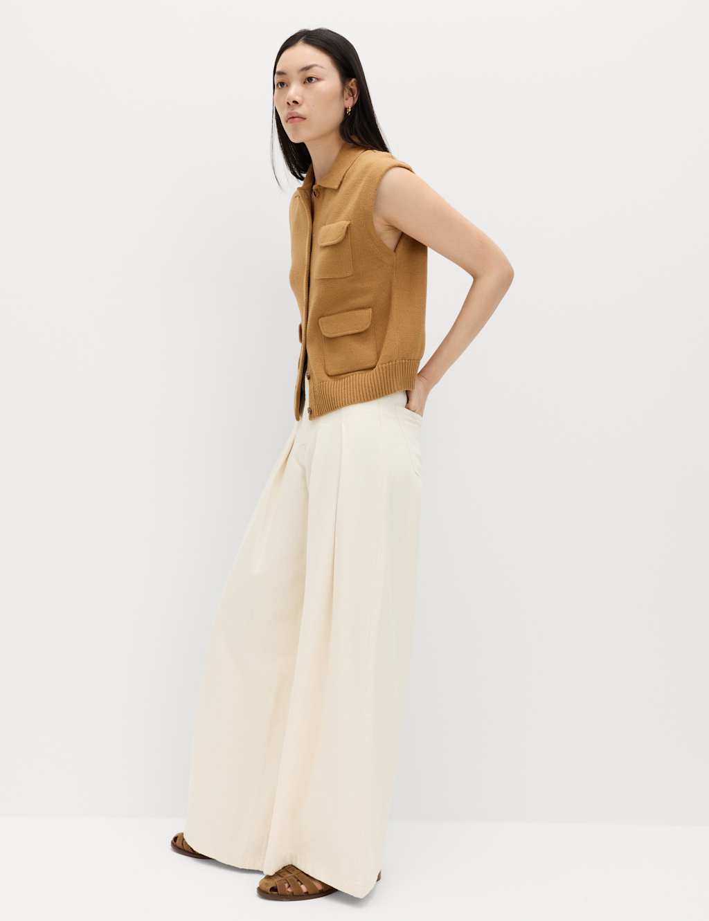M&S Women's High Waisted Pleated Palazzo Jeans - 22 - Ecru
