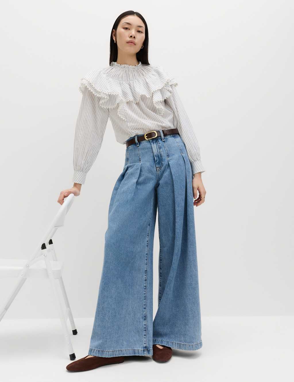 M&S Women's High Waisted Pleated Palazzo Jeans - 14 - Medium Indigo
