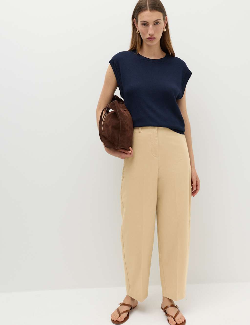 M&S Women's Cotton Rich Crease Front Barrel Leg Chinos - 6 - Beige