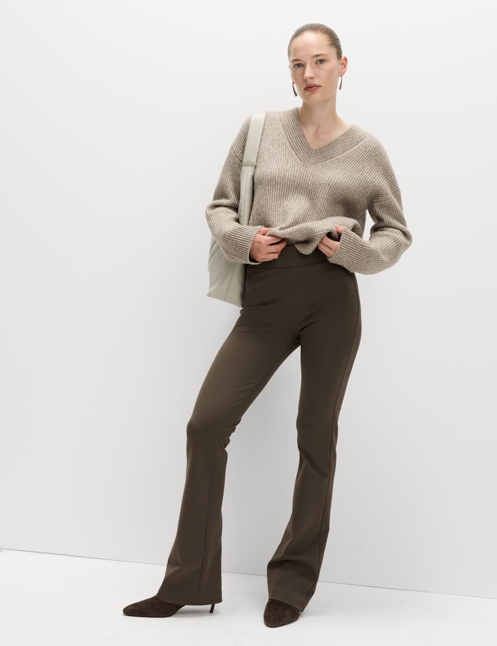 M&S Jersey Elasticated Waist Flared Trousers Mole