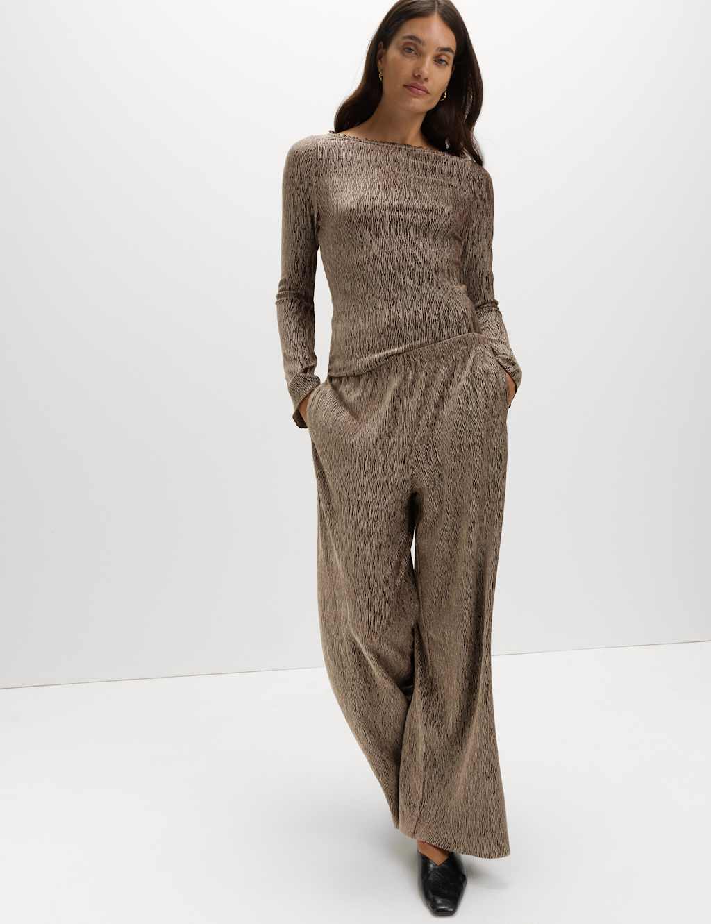 M&S Velvet Crinkle Wide Leg Trousers Dark Chocolate