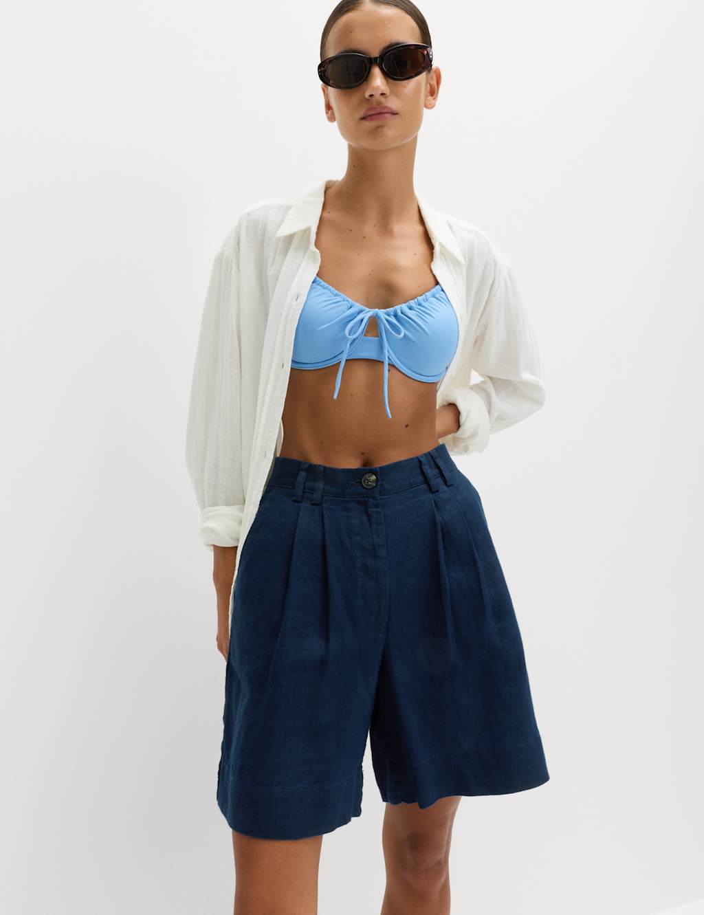 M&S Women's Pure Linen High Waisted Shorts - 10 - Navy