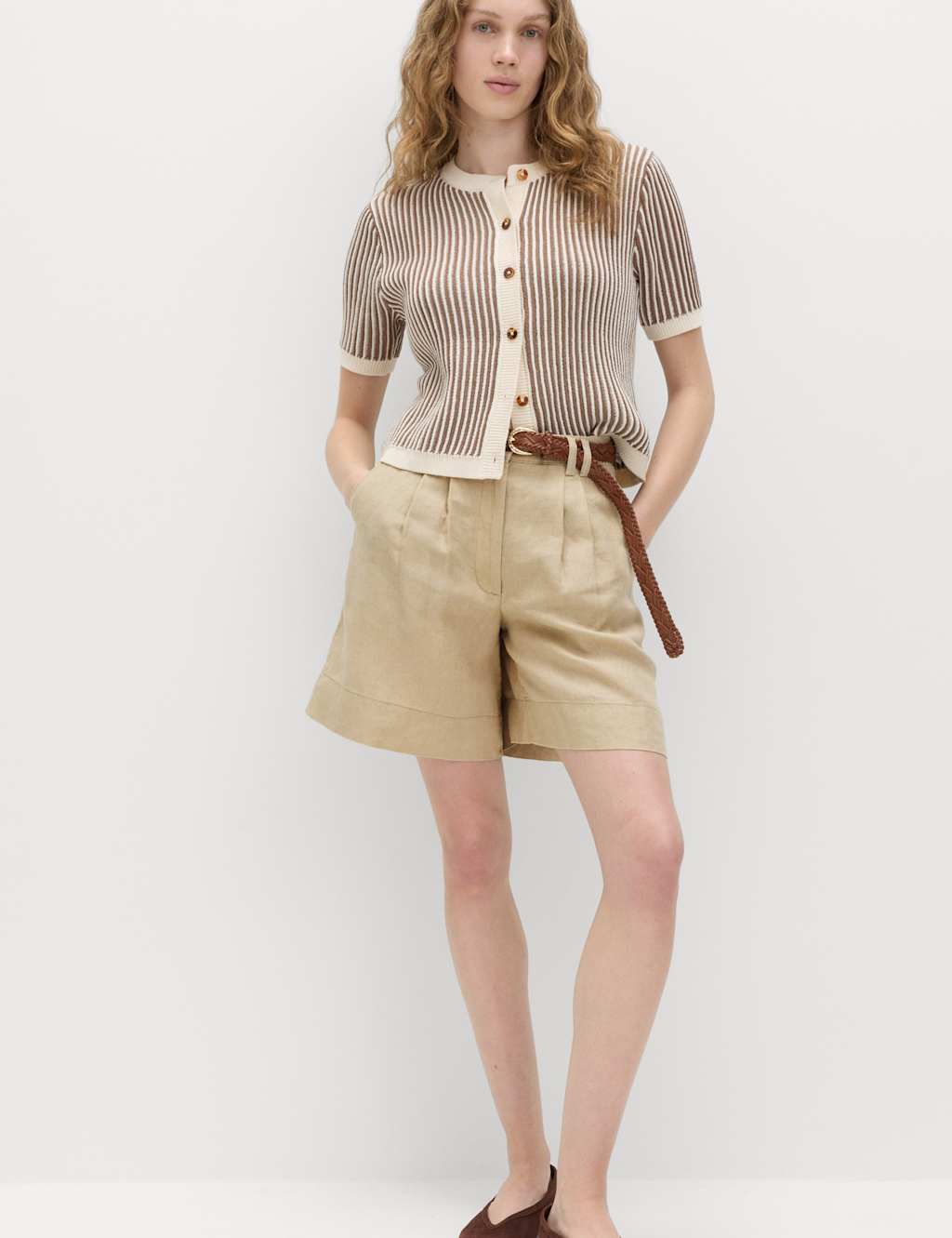 M&S Women's Pure Linen High Waisted Shorts - 10 - Sandstone