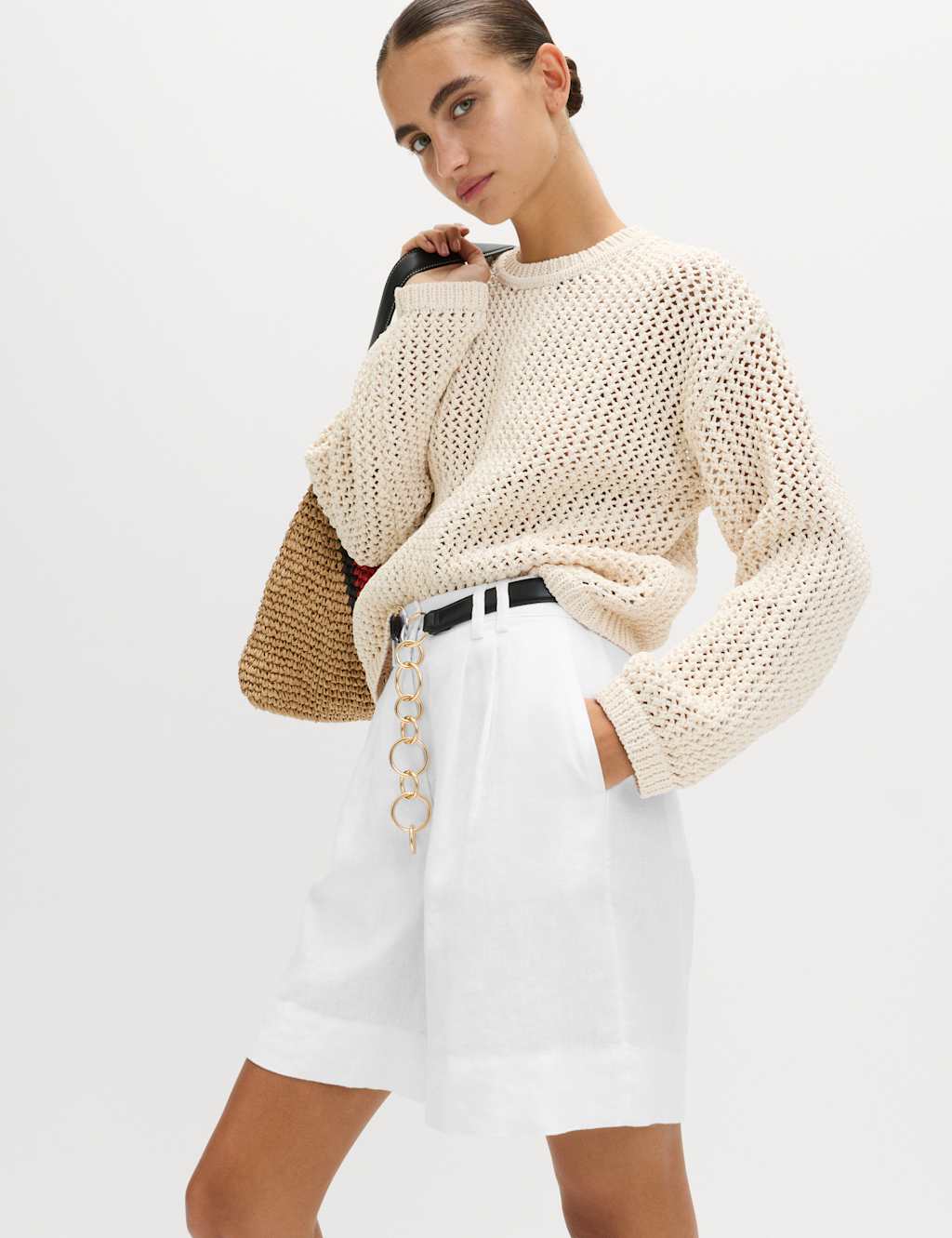 M&S Women's Pure Linen High Waisted Shorts - 12 - White