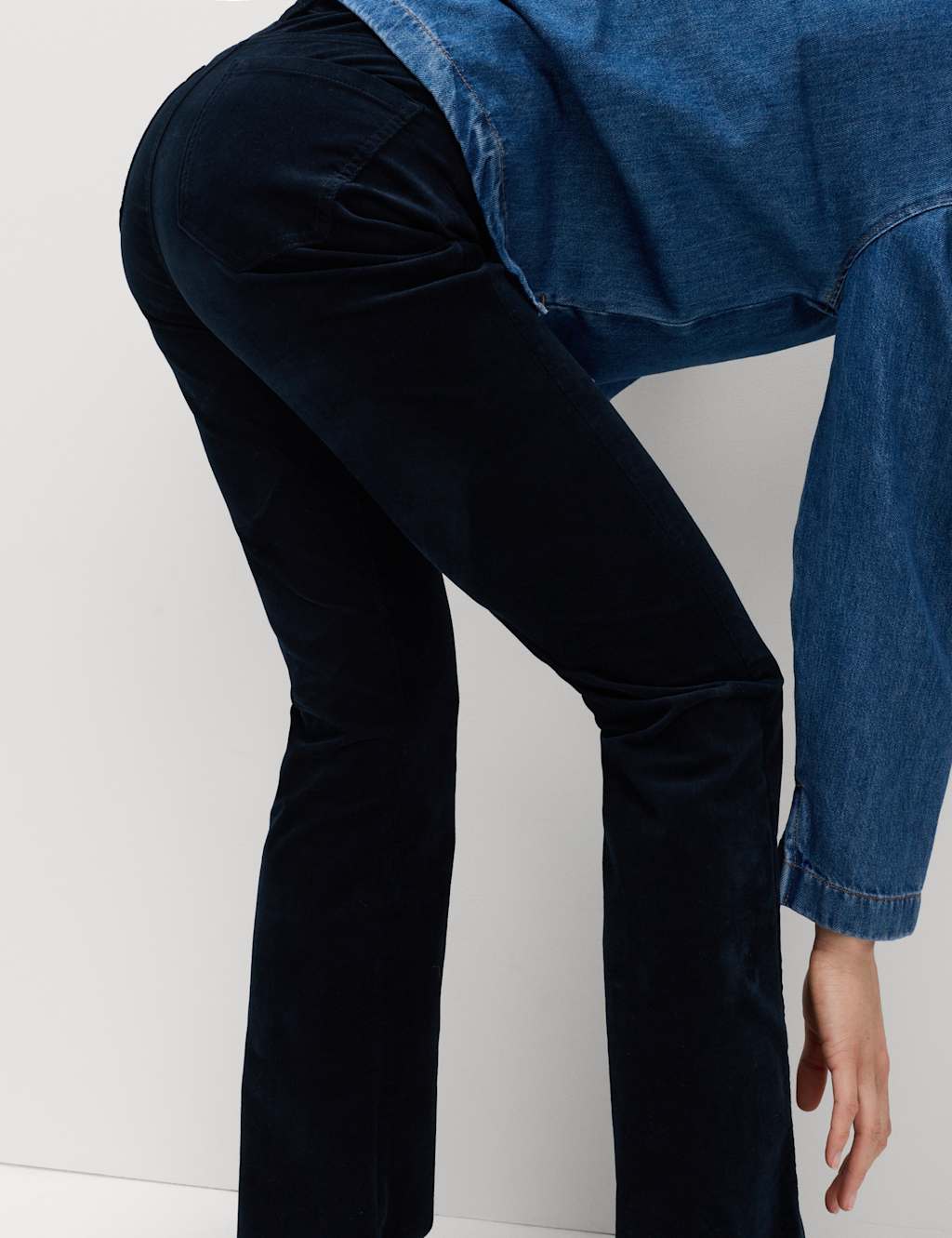 M&S Cotton Rich Crease Front Slim Flare Cord Trousers Midnight Navy