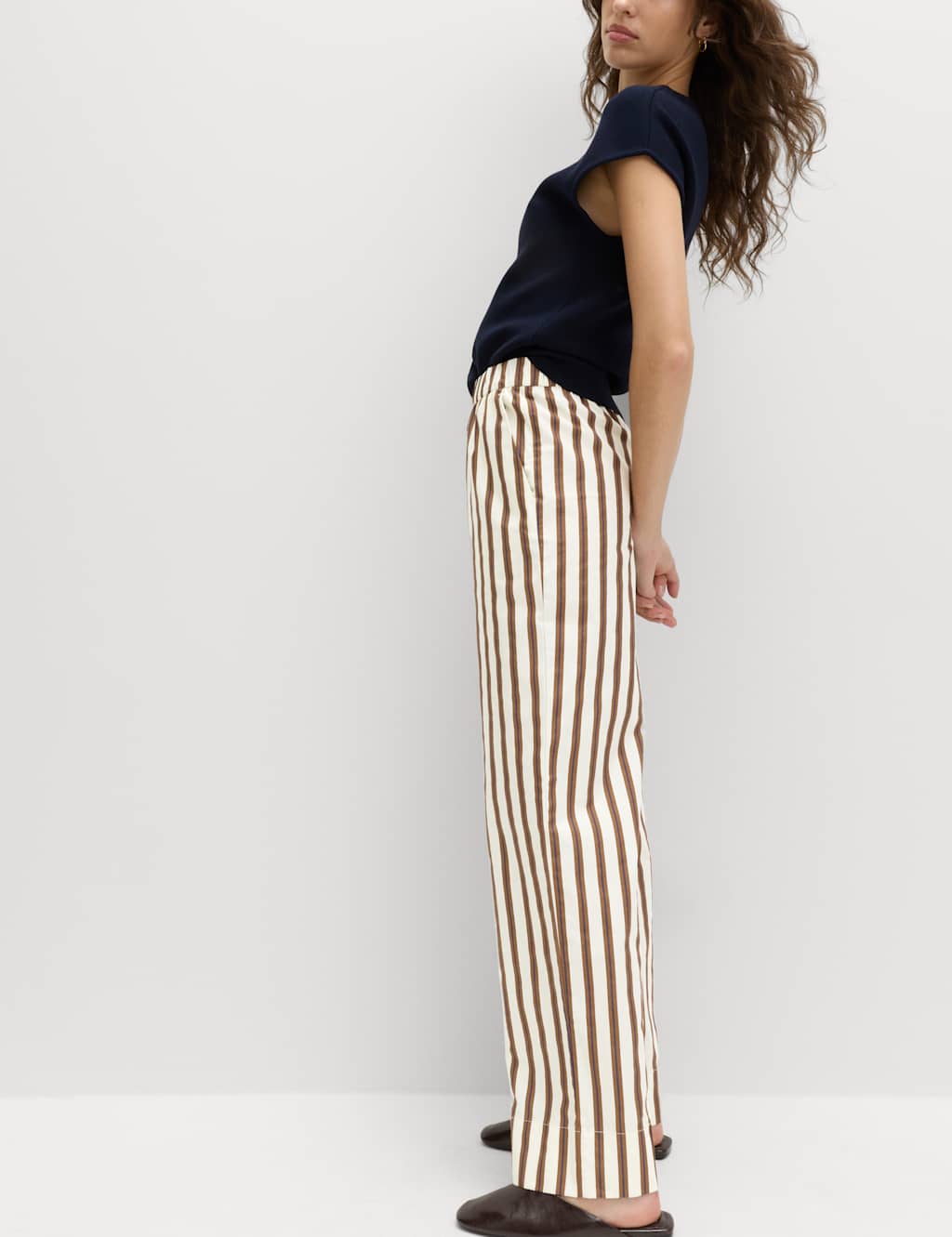 M&S Women's Pure Cotton Poplin Pull On Straight Leg Trousers - 22 - Cream Mix