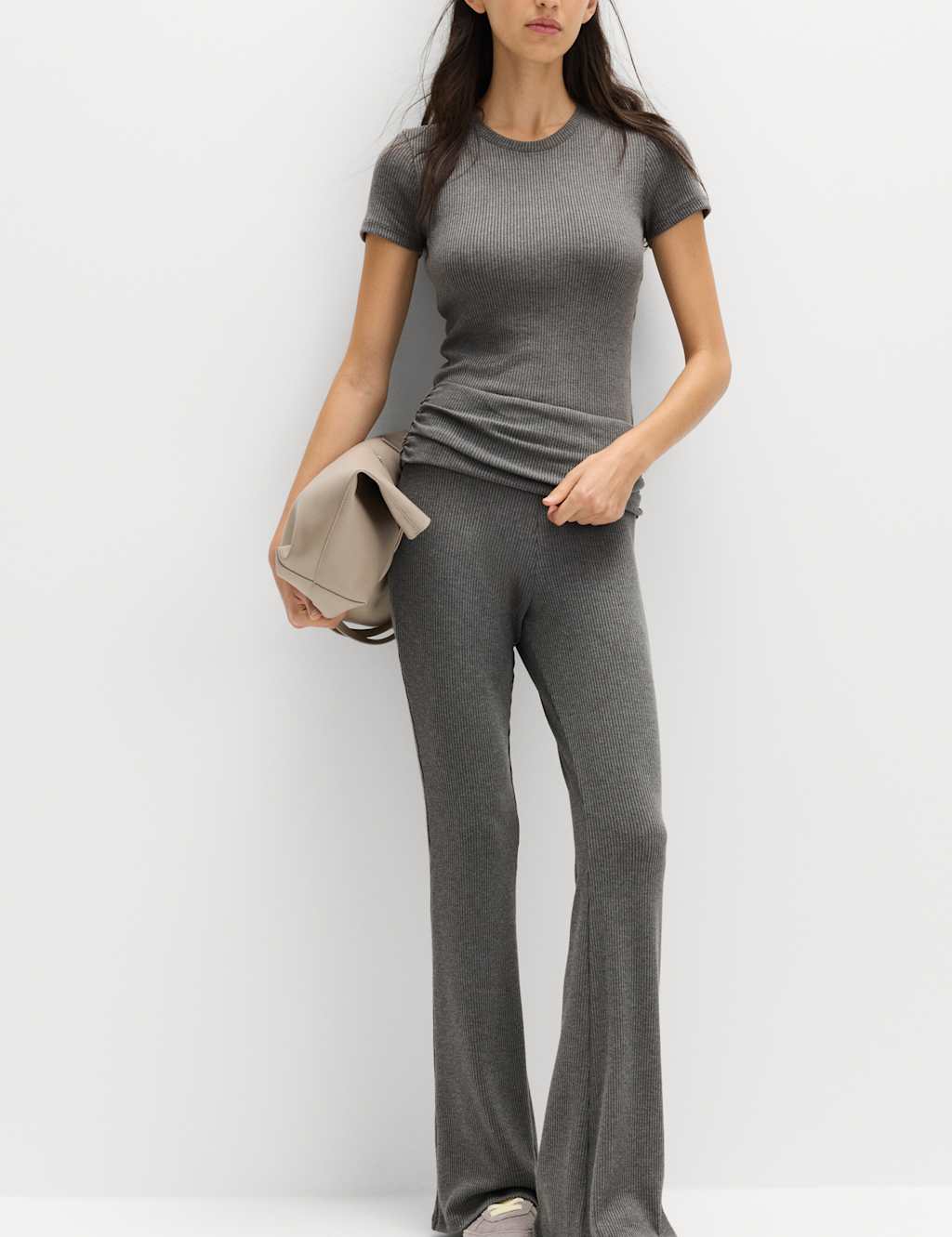 M&S Women's Ribbed Fold Over Kickflare Leggings - 20 - Grey Marl