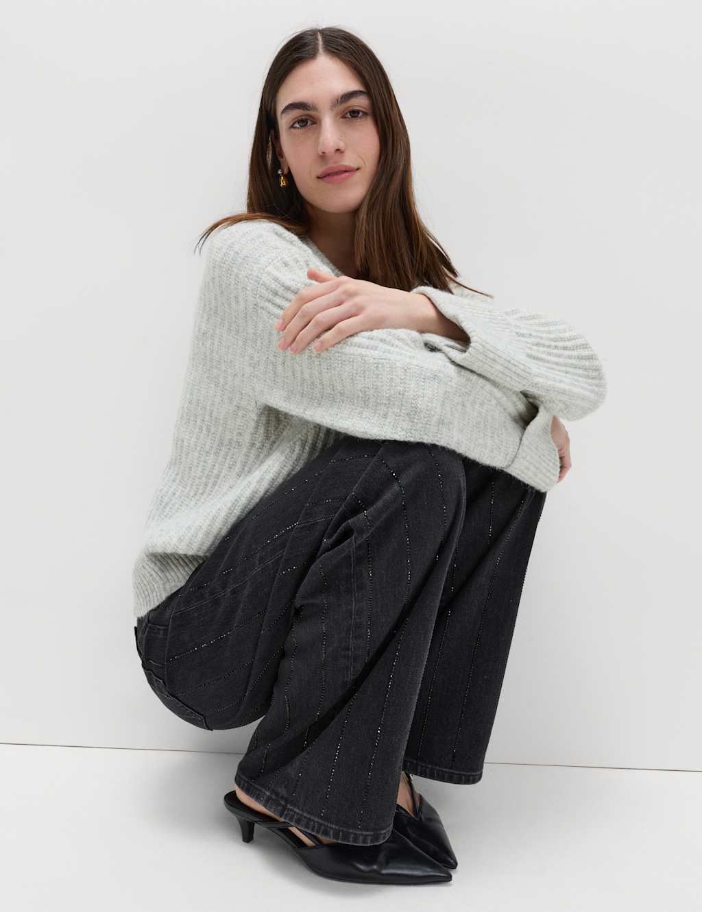 M&S High Waisted Embellished Stripe Wide Leg Jeans Black