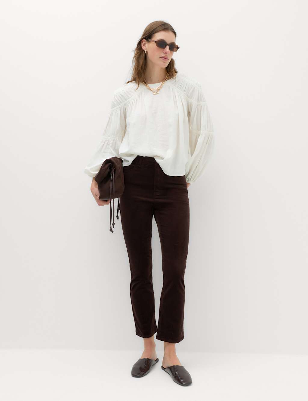 M&S Women's Cord Flare Cropped Trousers - 12 - Bitter Chocolate