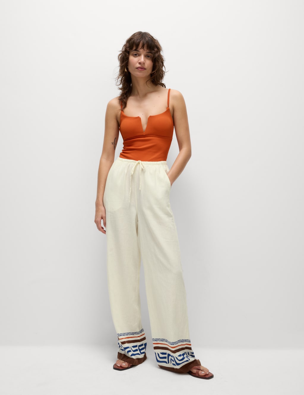 Linen Rich Printed Wide Leg Trousers