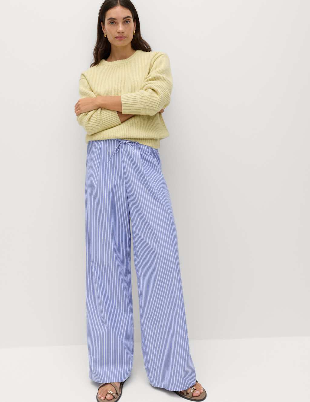 M&S Women's Pure Cotton Striped Drawstring Wide Leg Trousers - 12 - Blue Mix