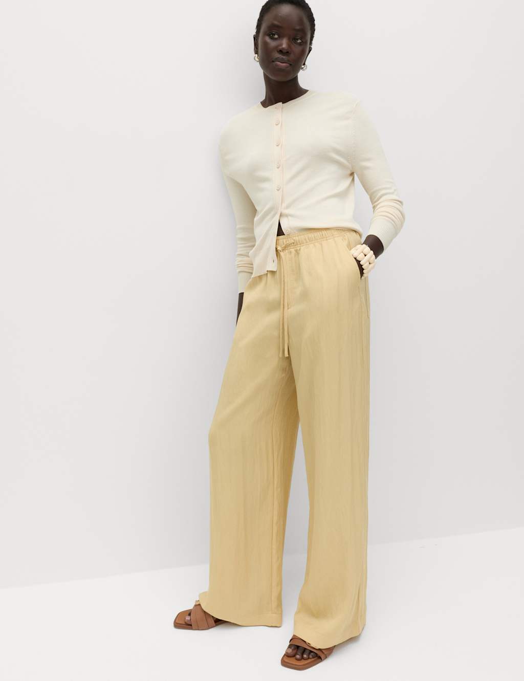 M&S Women's Lyocell Rich Drawstring Wide Leg Trousers - 18 - Yellow