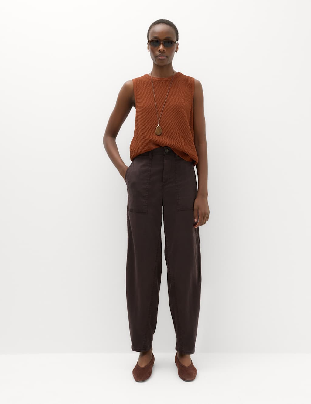M&S Women's Lyocell Rich Utility Barrel Leg Trousers - 14 - Chocolate