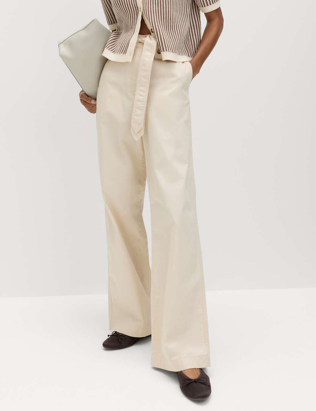 M&S Women's Pure Cotton Belted Straight Leg Trousers - 10 - Calico