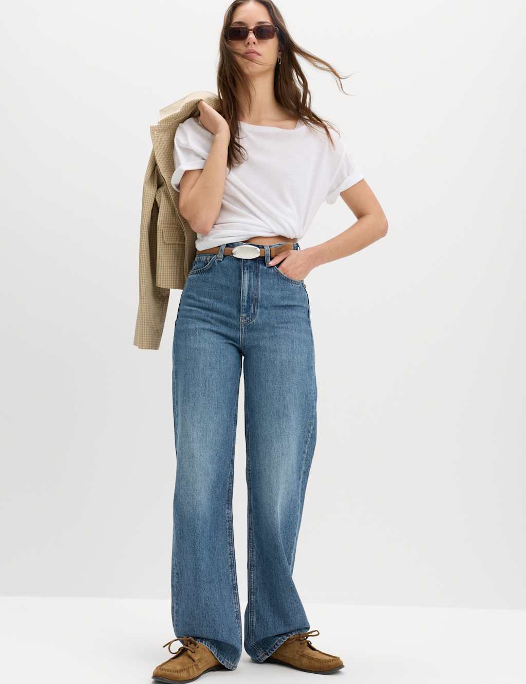 M&S Women's High Waisted Relaxed Straight Jeans - 8 - Medium Indigo