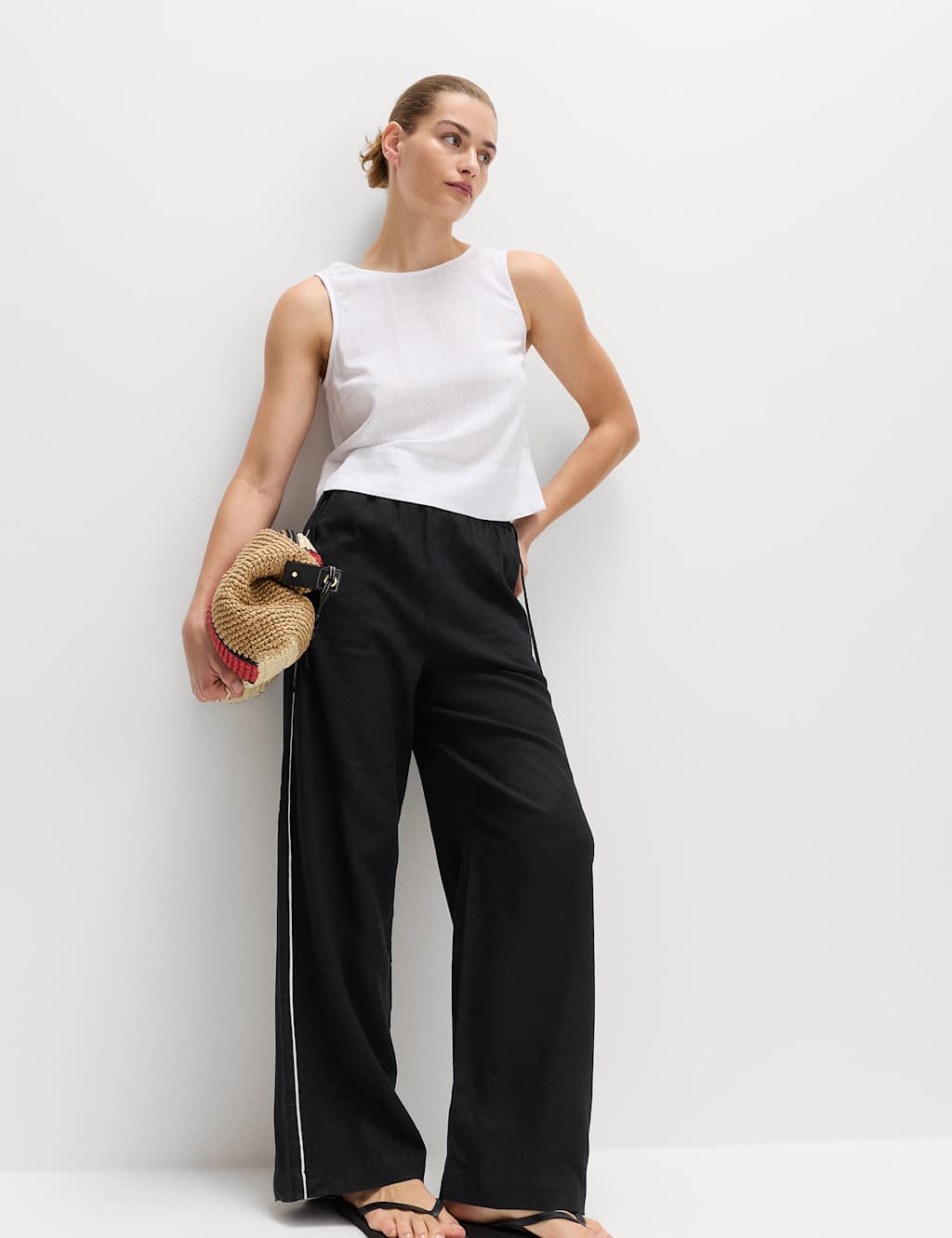 M&S Women's Linen Rich Tie Side Wide Leg Trousers - 16 - Black