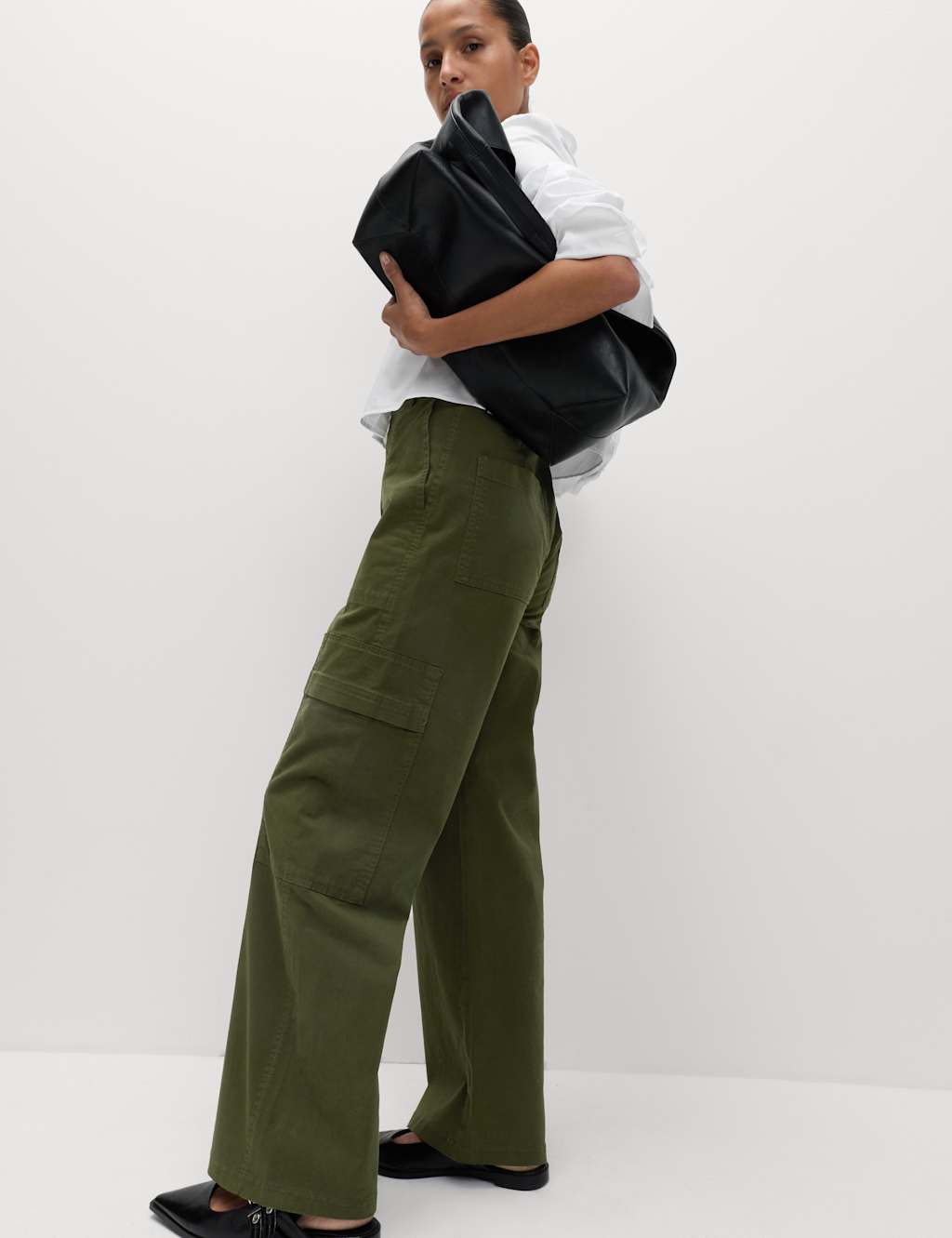 M&S Cotton Rich Cargo Wide Leg Trousers Dark Khaki