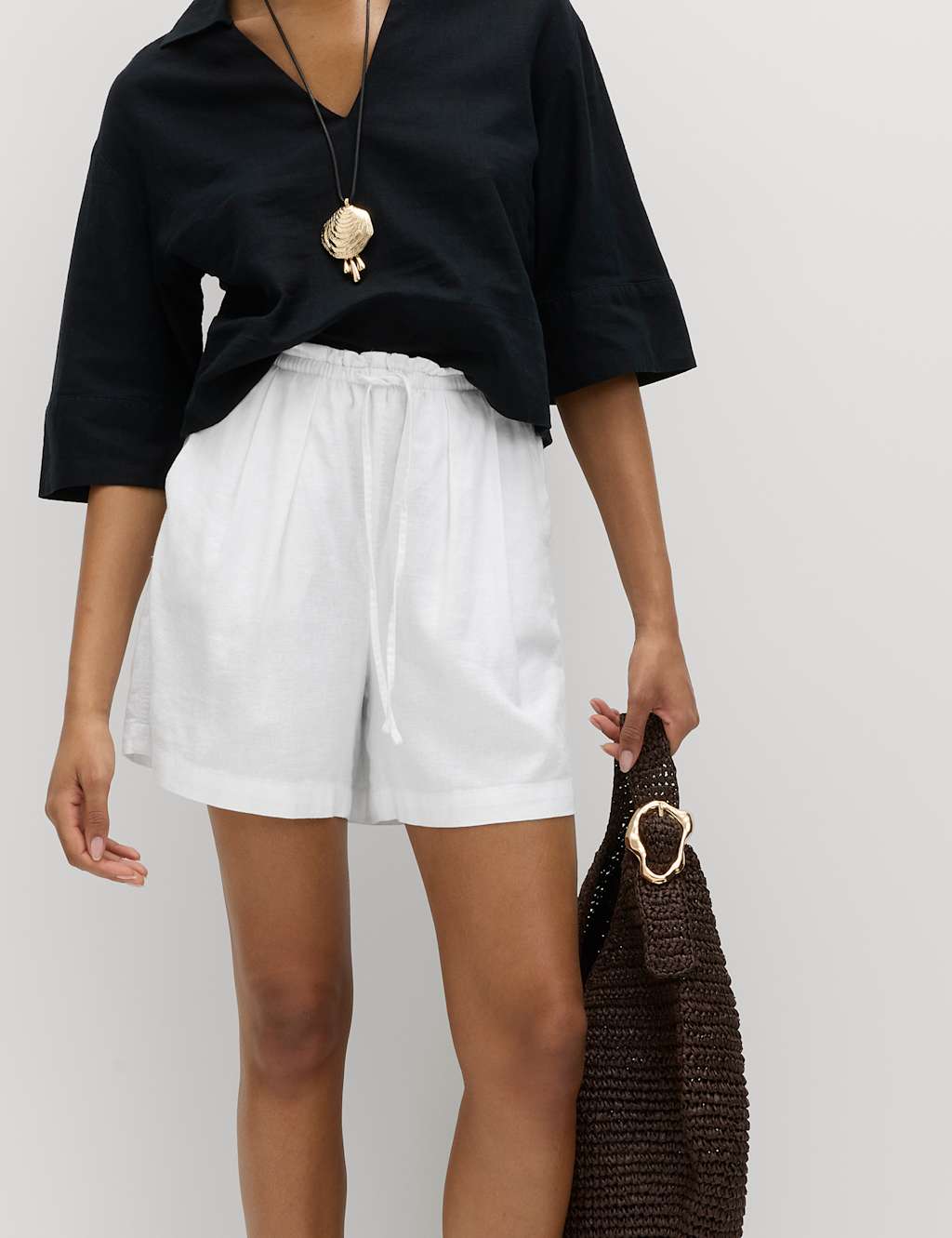 M&S Women's Linen Rich High Waisted Shorts - 12 - White