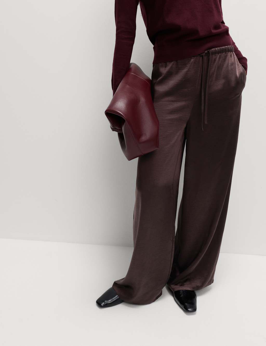 M&S Satin Drawstring Wide Leg Trousers Dark Chocolate