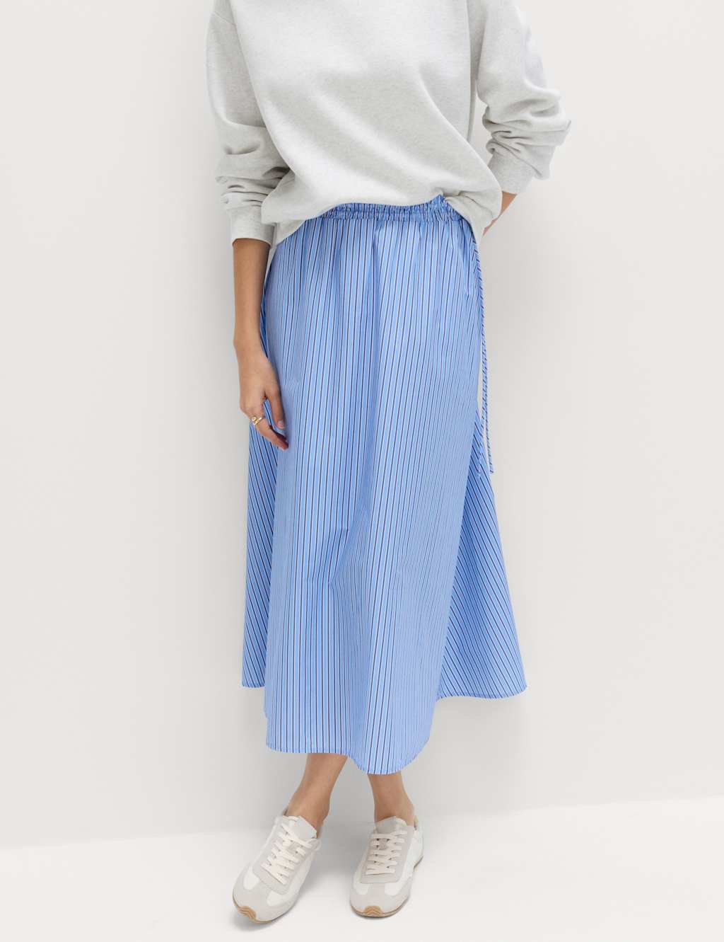 M&S Women's Pure Cotton Poplin Striped Pleated Midi Skirt - 12 - Blue Mix
