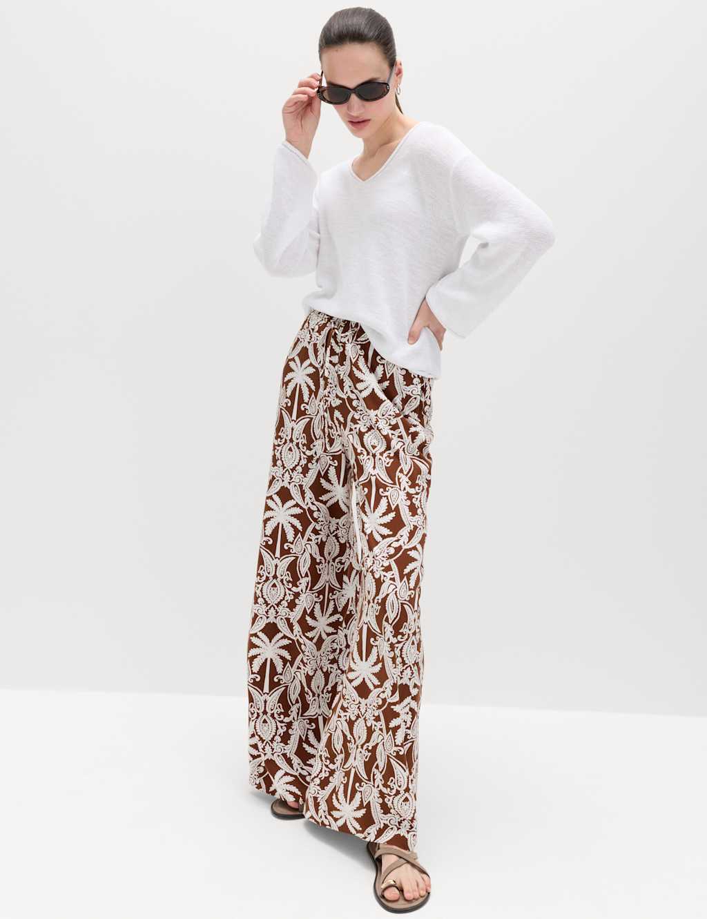 M&S Women's Printed Pull On Wide Leg Trousers - 6 - Brown Mix