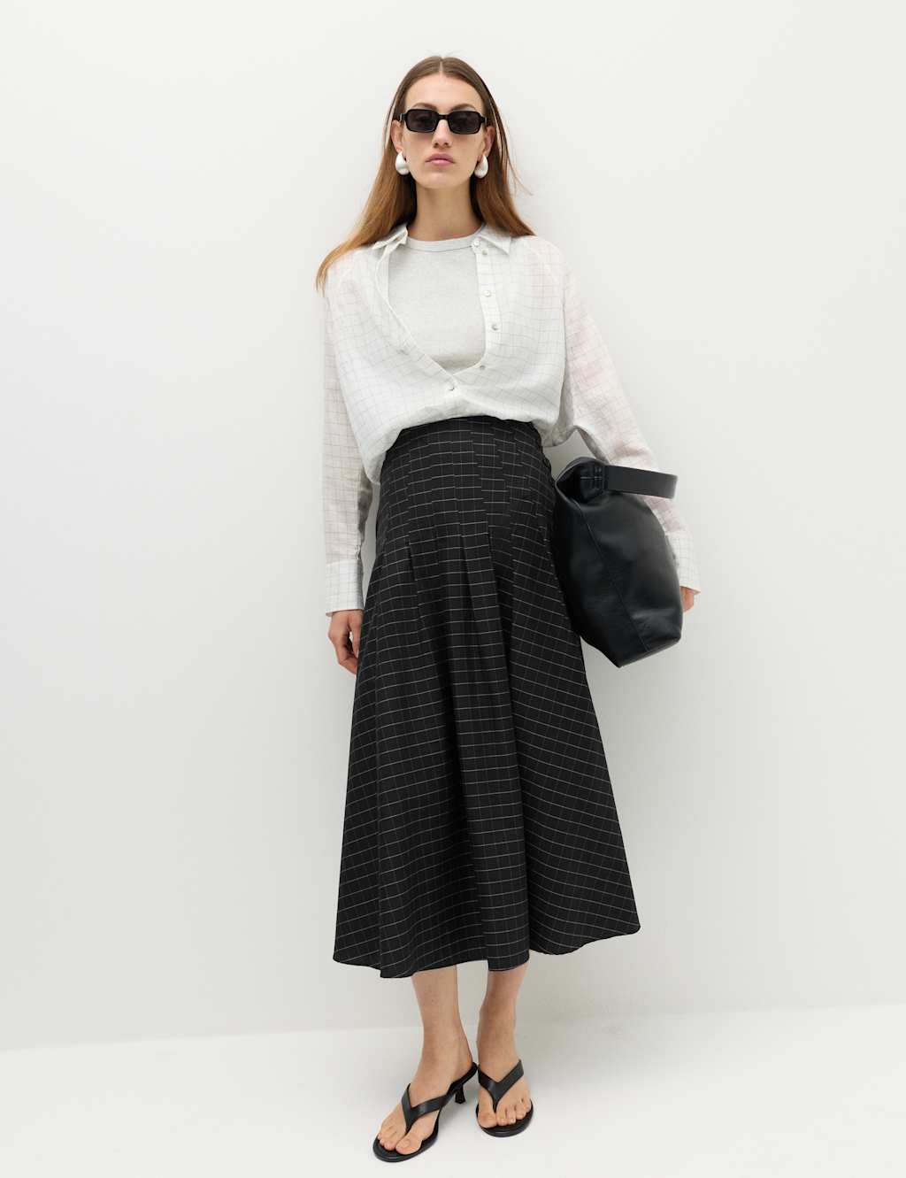 M&S Women's Cotton Rich Checked Button Detail Maxi Skirt - 12 - Black Mix