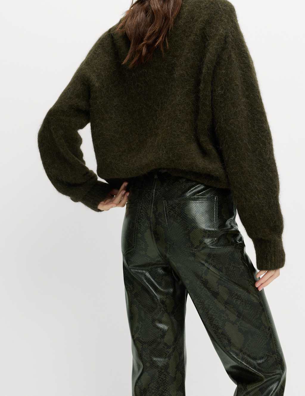 M&S Faux Leather Snake Print Straight Leg Trousers Khaki Mix