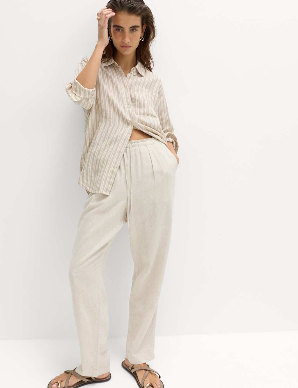 M&S Women's Linen Rich Elasticated Waist Tapered Trousers - 24 - Oatmeal