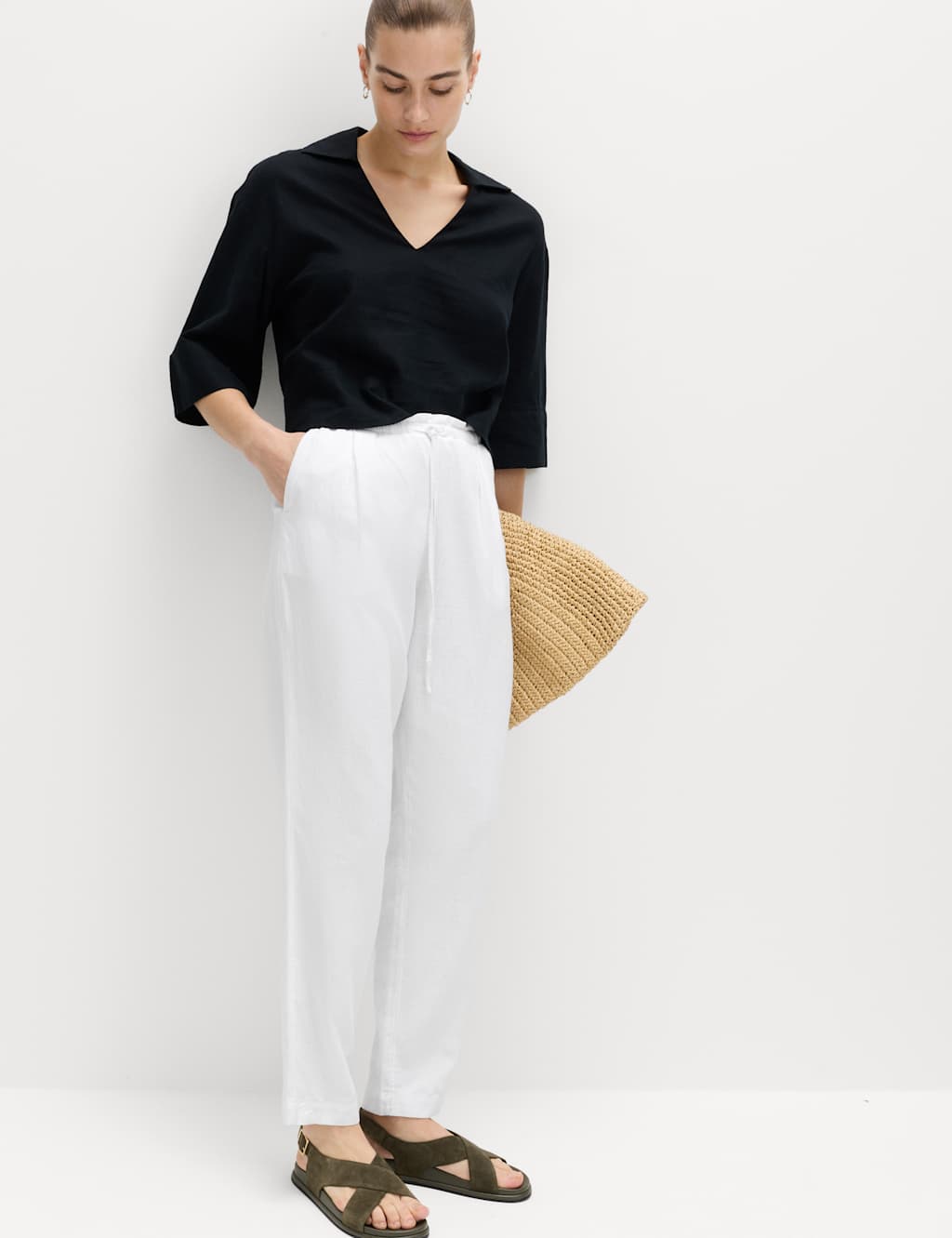M&S Women's Linen Rich Elasticated Waist Tapered Trousers - 6 - White