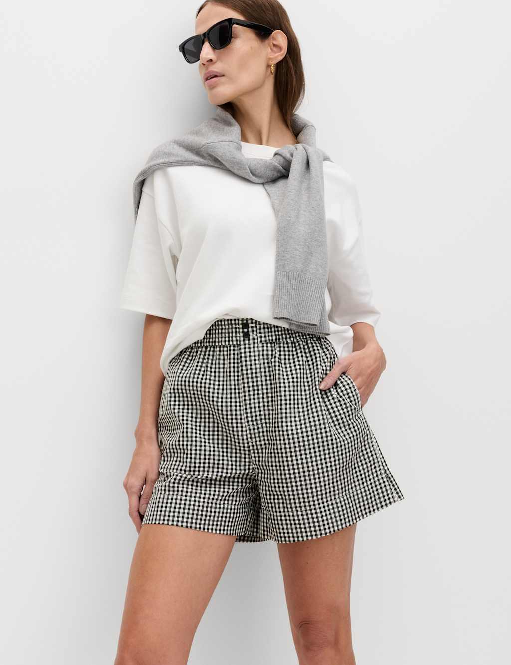 M&S Women's Gingham High Waisted Shorts - 12 - Black Mix