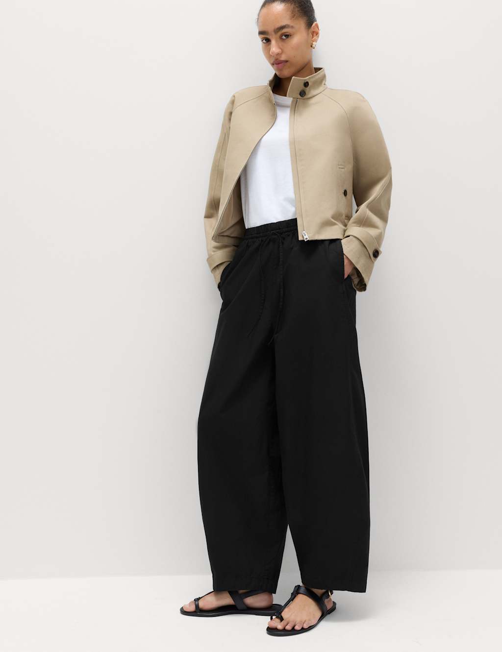 M&S Women's Pure Cotton Drawstring Barrel Leg Ankle Grazer Trousers - 10 - Black