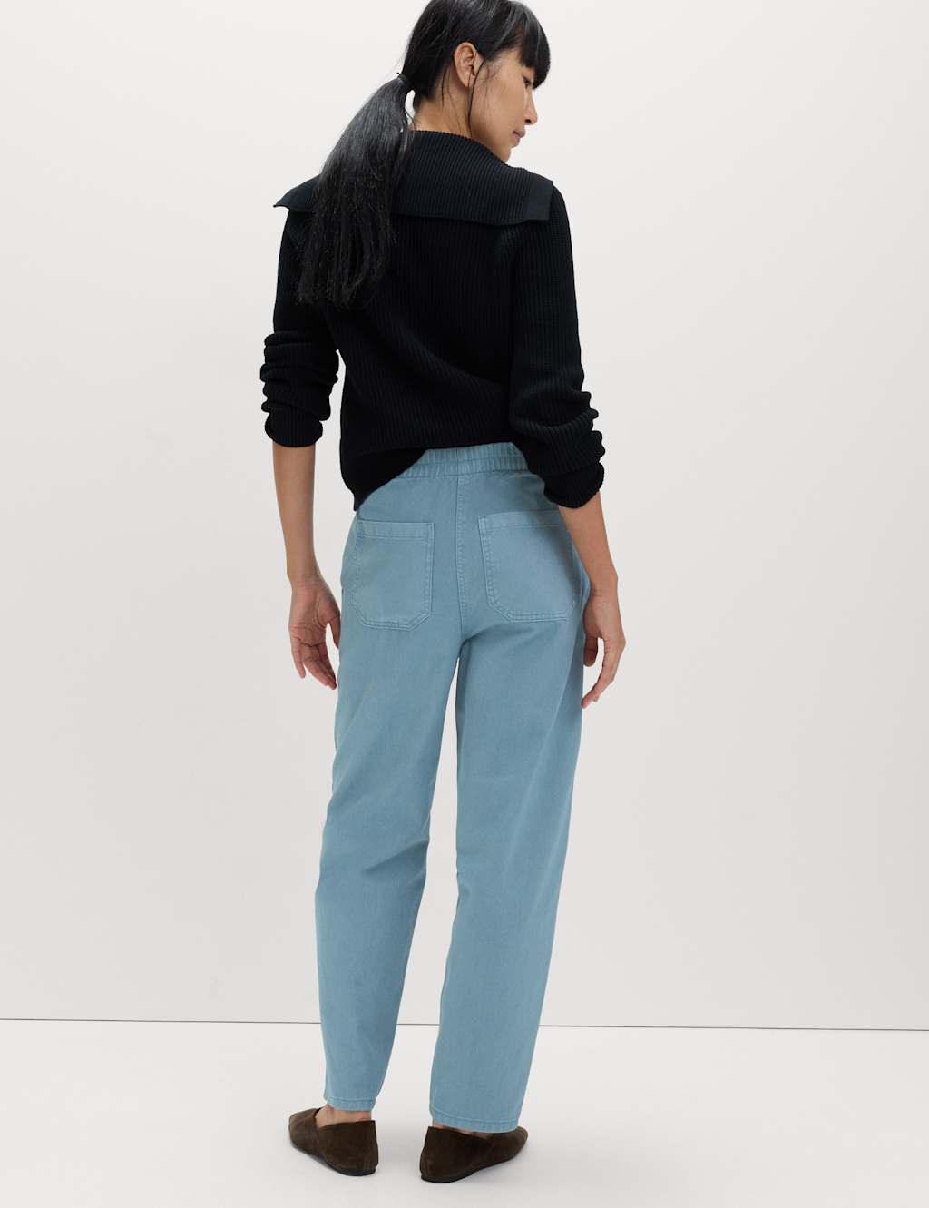 M&S Women's Pure Cotton Elasticated Waist Carrot Leg Trousers - 12 - Blue