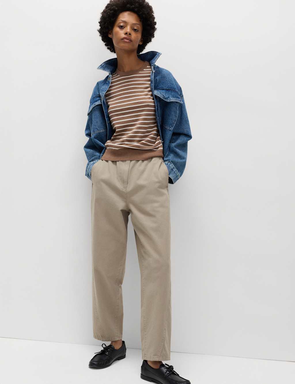 M&S Women's Pure Cotton Elasticated Waist Carrot Leg Trousers - 12 - Putty