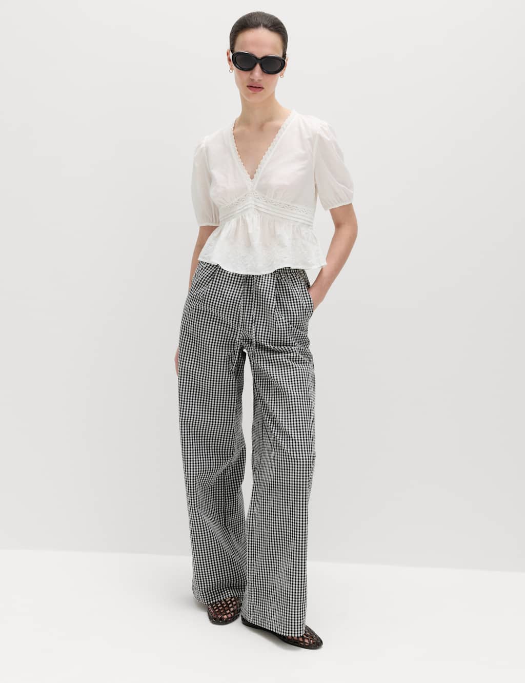 M&S Women's Modal Blend Gingham Wide Leg Trousers - 12 - Black Mix