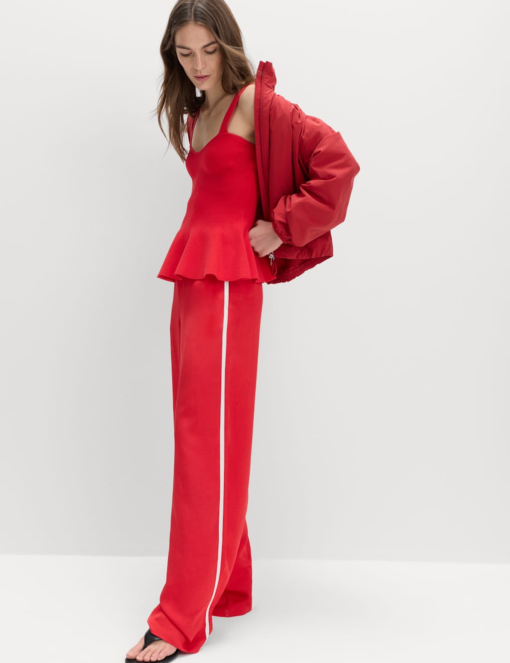 M&S Women's Side Stripe Wide Leg Trousers with Linen - 10 - Red Mix