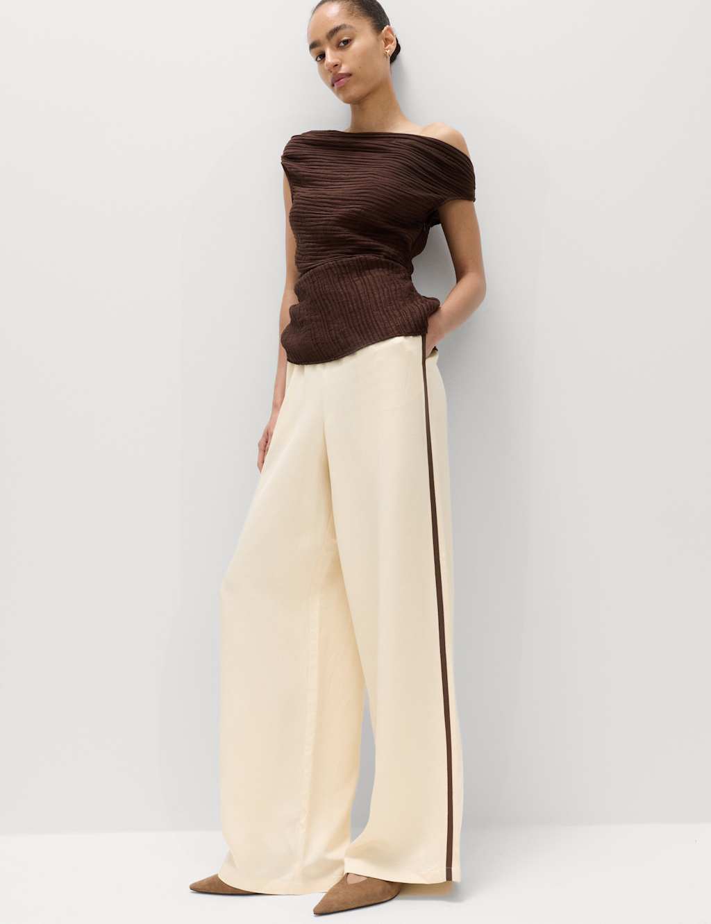 M&S Women's Side Stripe Wide Leg Trousers with Linen - 6 - Ecru Mix