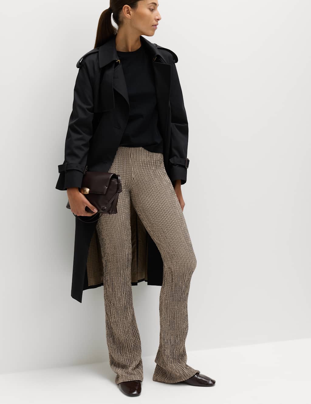 M&S Women's Textured Striped Flared Trousers - 6 - Black Mix