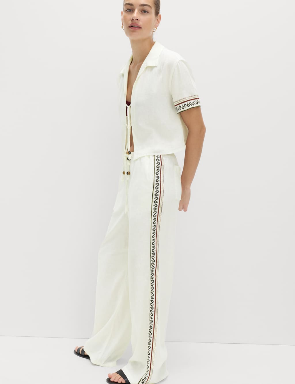 M&S Linen Rich Side Detail Wide Leg Trousers White