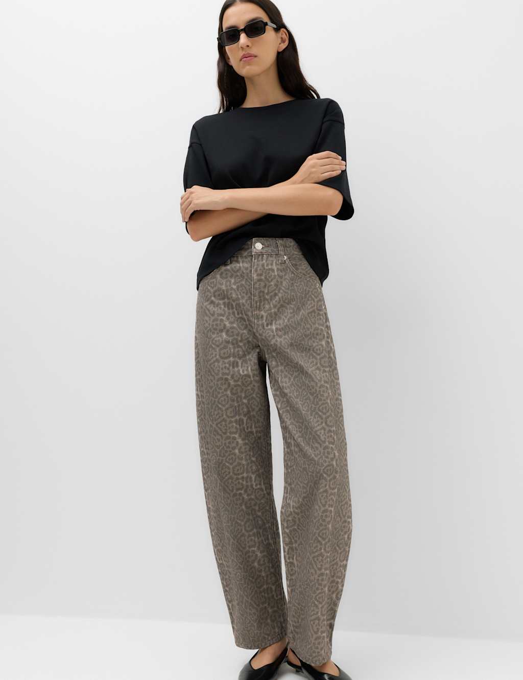 M&S Women's Mid Rise Animal Barrel Jeans - 6 - Dark Brown Mix