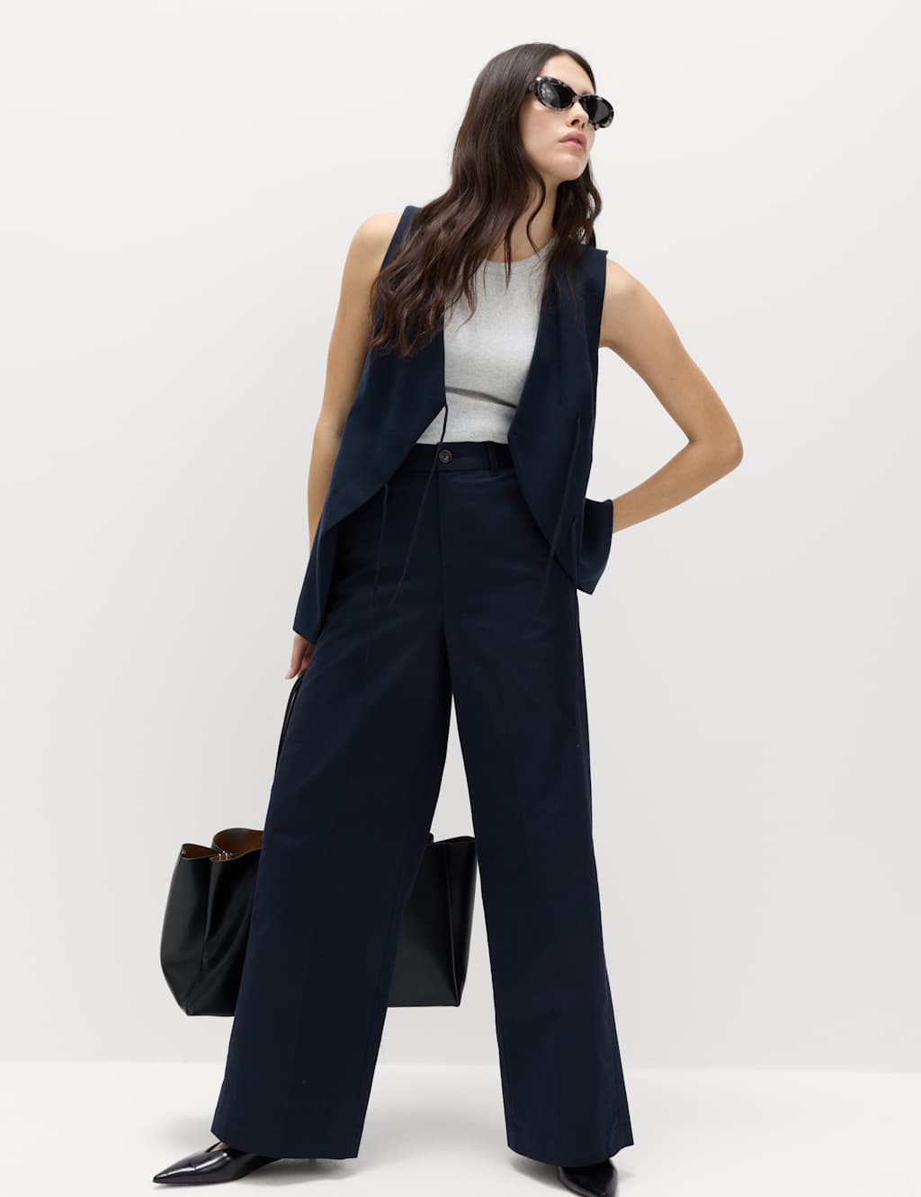 M&S Women's Cotton Rich Wide Leg Chinos - 6 - Navy