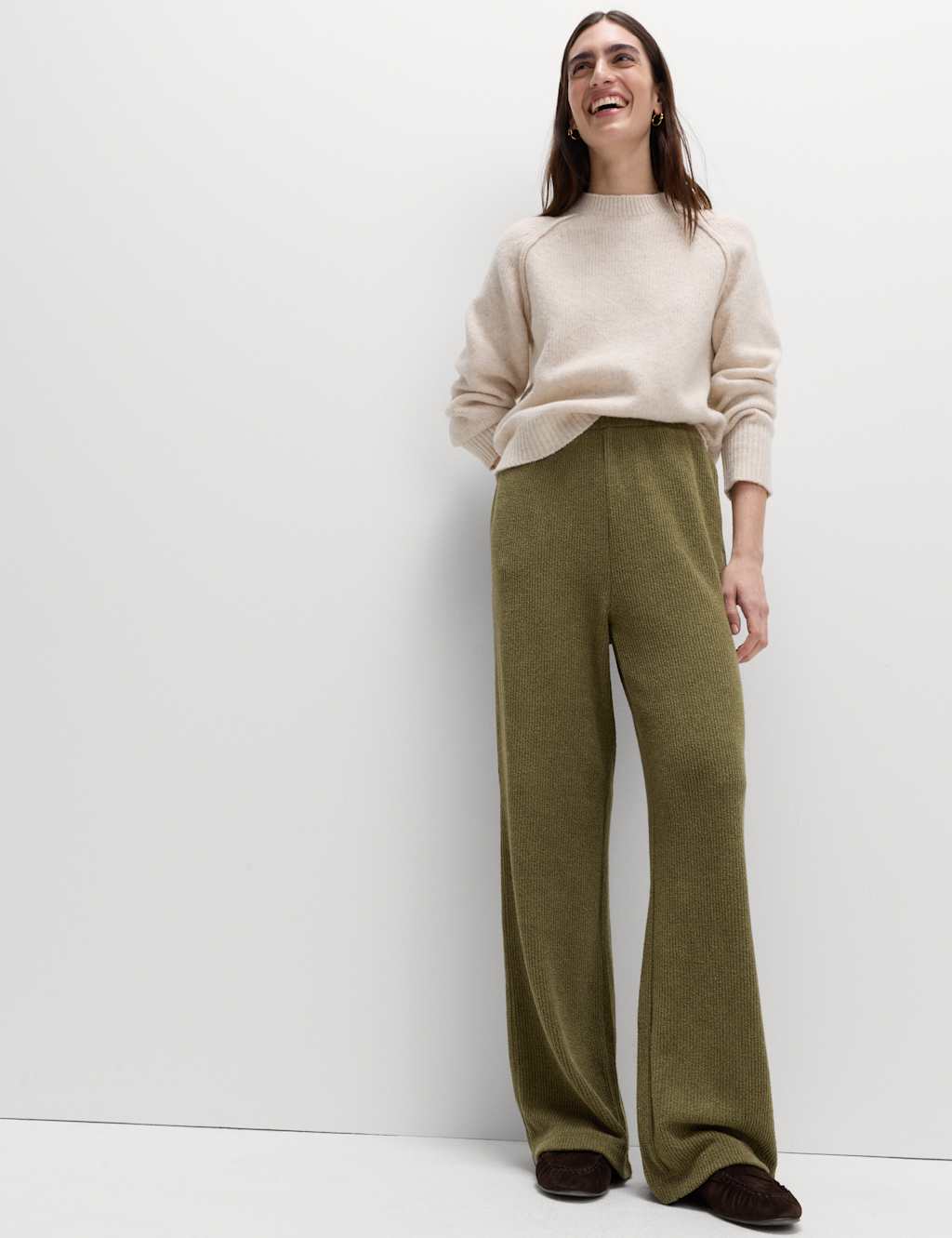 M&S Brushed Rib Wide Leg Trousers Dark Khaki