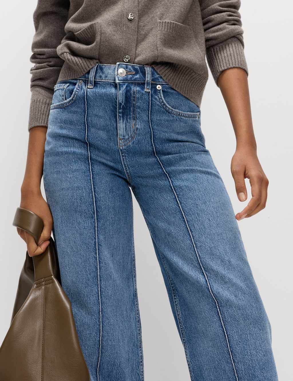 M&S Collection Women's Wide Leg Pintuck Jeans - 20REG - Medium Indigo, Medium Indigo
