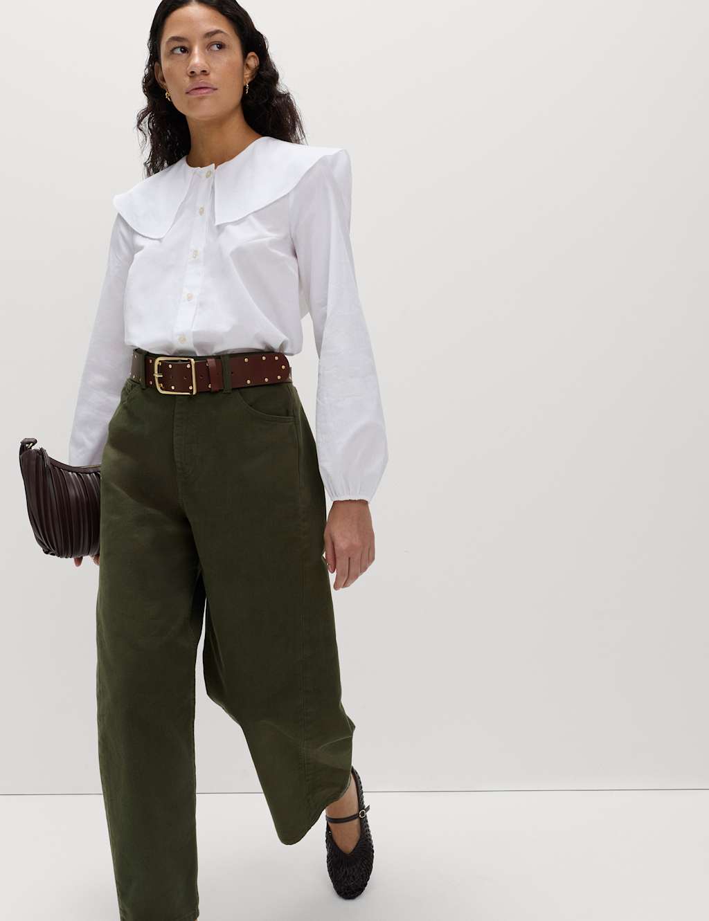 M&S Pure Cotton Horseshoe Fit Trousers Dark Khaki