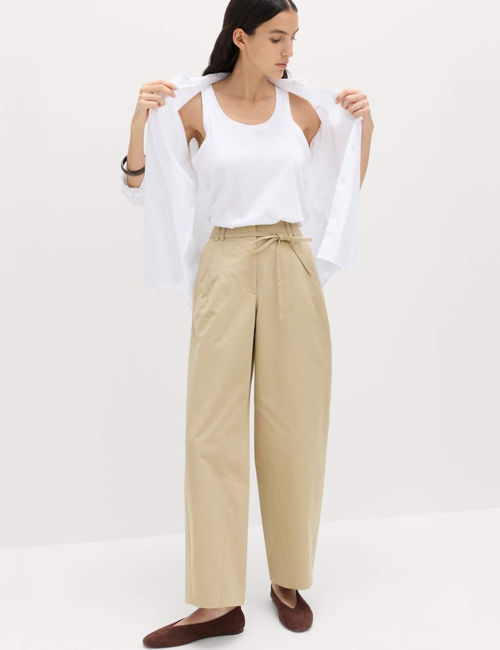 M&S Women's Pure Cotton Barrel Leg Trousers - 10 - Beige