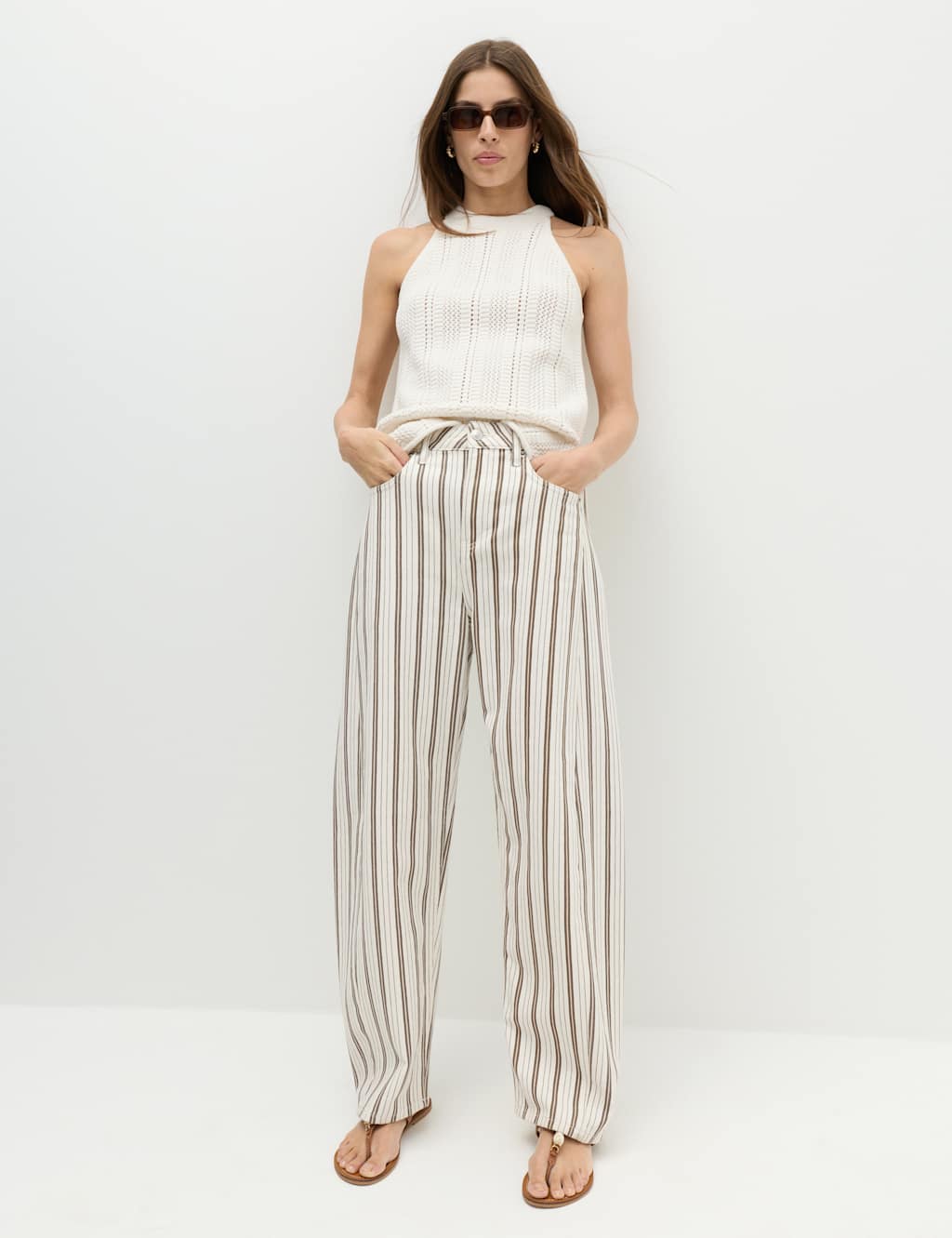 M&S Women's Mid Rise Striped Barrel Jeans - 10 - Ivory Mix