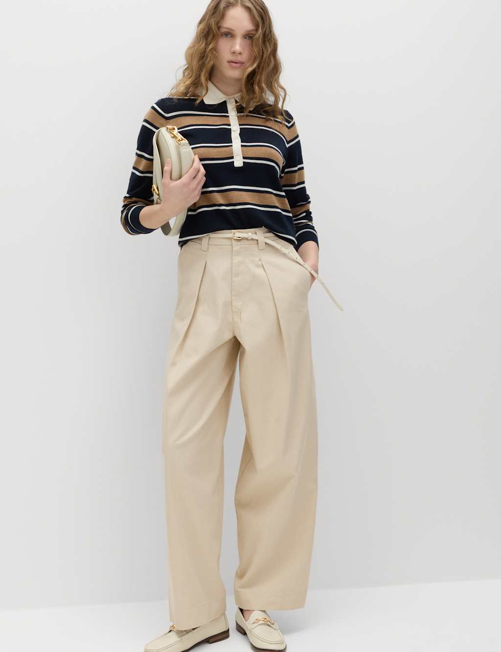 M&S Women's Pure Cotton Pleat Front Barrel Leg Chinos - 10 - Beige
